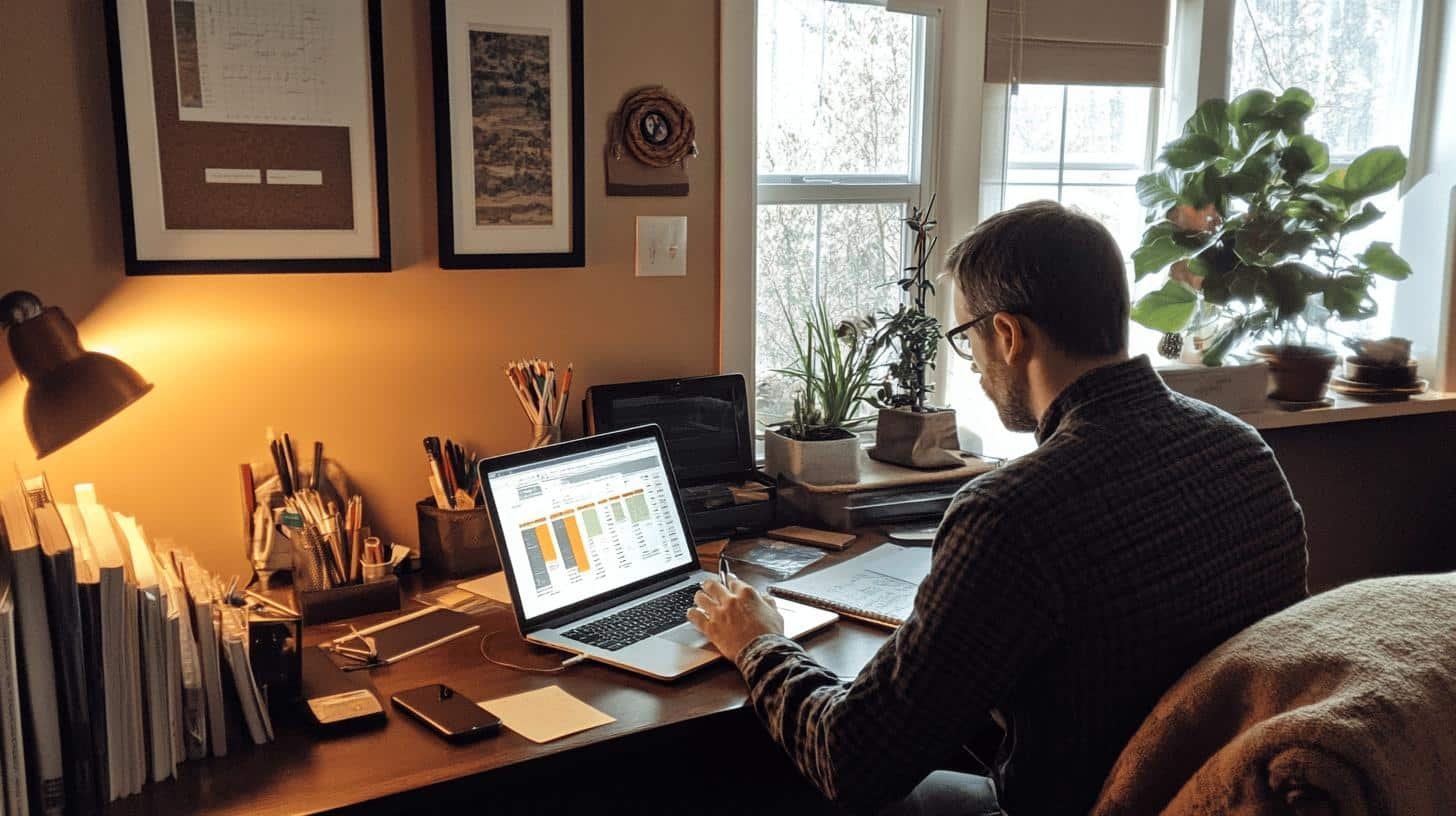 Man working on a laptop at home office desk, planning a successful rewards program.
