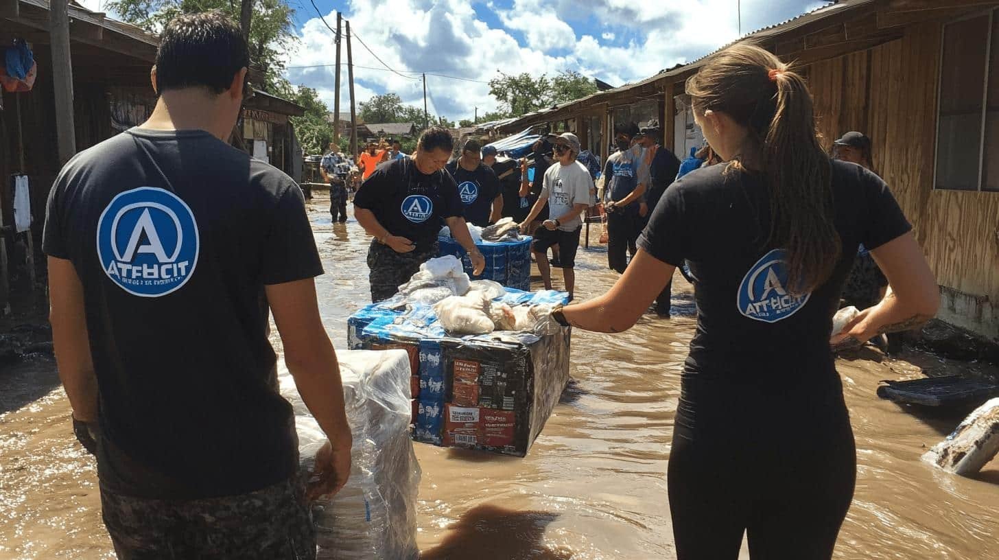 AT&T team members providing disaster relief in a flooded area. -Does AT&T Give Back?