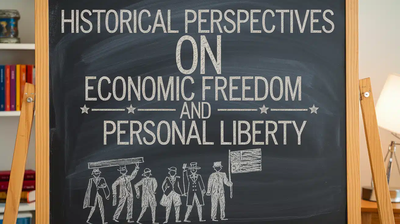 Chalkboard with text 'Historical Perspectives on Economic Freedom and Personal Liberty' with figures holding flags below.