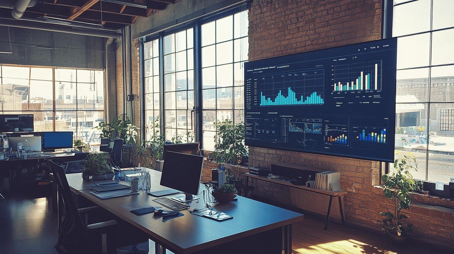 Modern office with analytics on a large screen, showcasing 'How Technology Helps Business Growth.