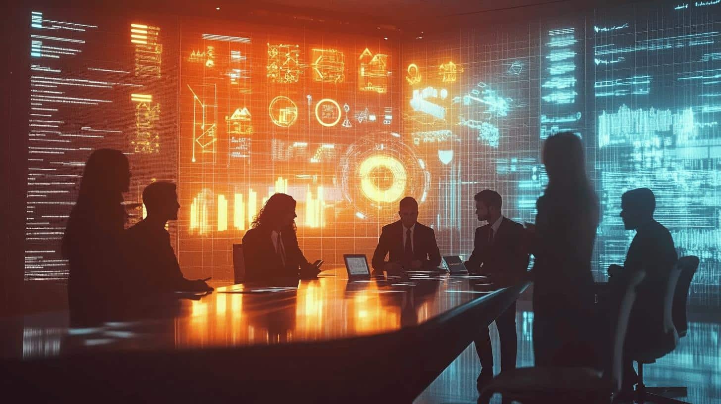 Business team in a futuristic meeting room with data visuals, illustrating 'How Technology Helps Business Growth.
