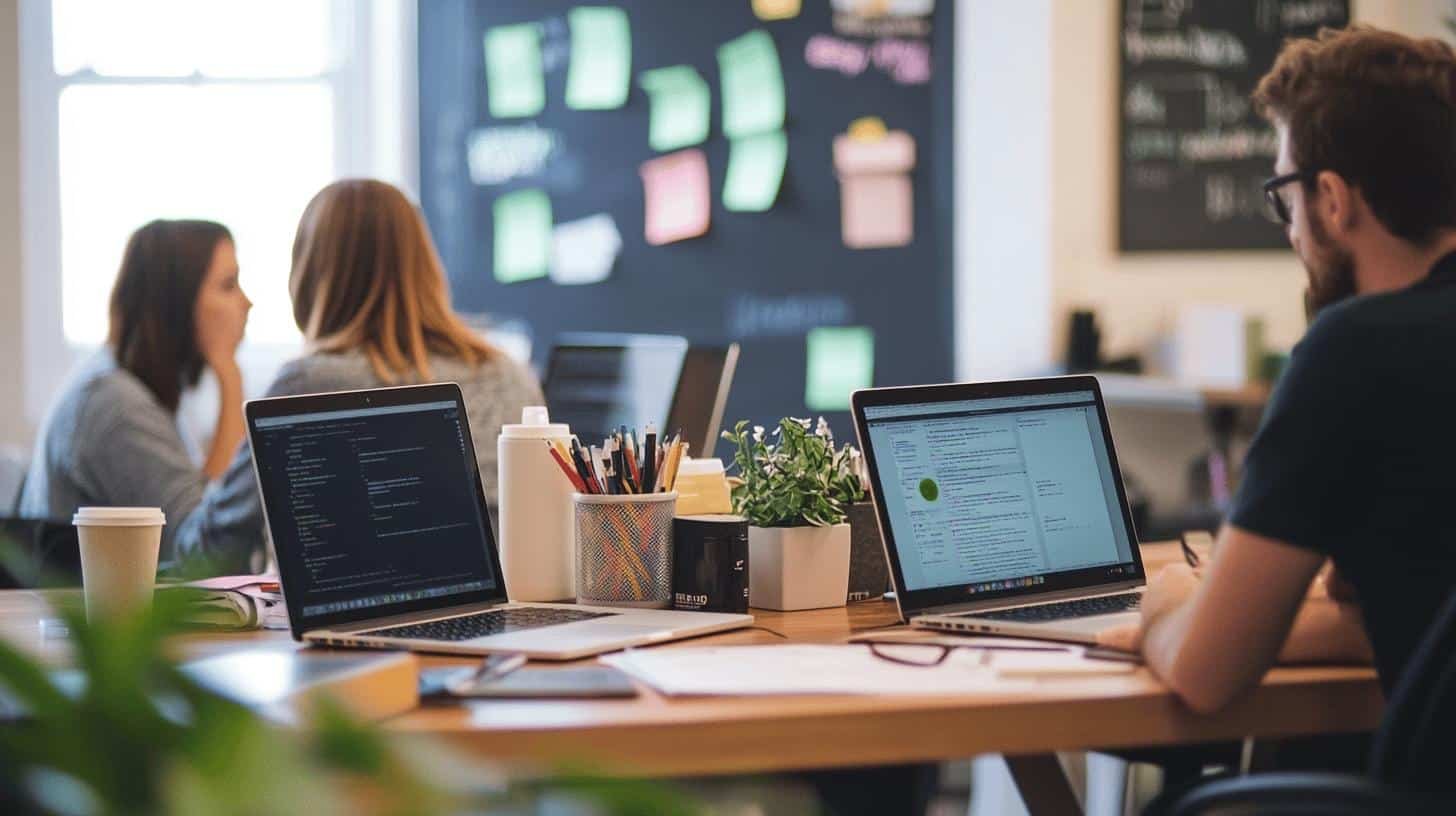 Team using technology and digital marketing tools to expand business into new markets in a collaborative workspace.