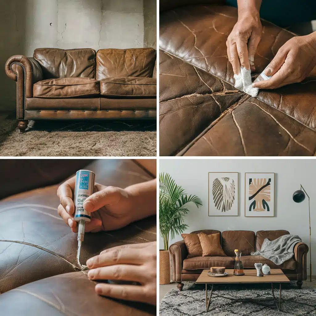 A collage showing the process of repairing a distressed leather sofa at home. Ideal for learning "how to repair leather furniture at home.