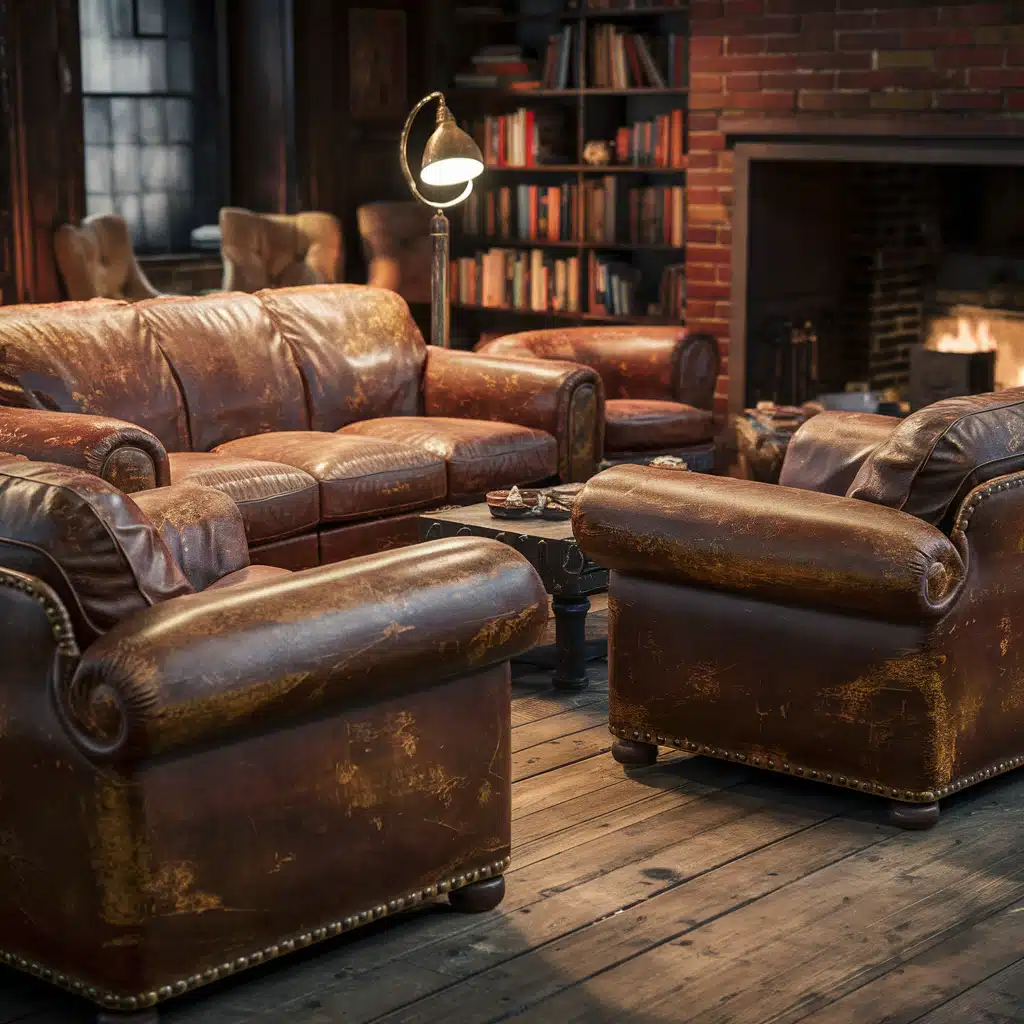Distressed leather furniture, including a sofa and armchairs. Perfect setting to learn how to repair leather furniture at home.