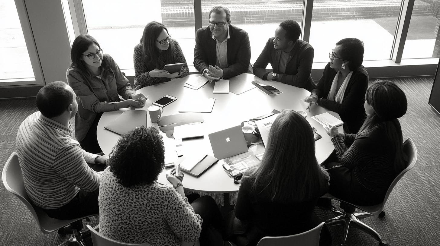 Group of diverse professionals in a meeting, discussing and collaborating around a table, representing respect for traditional values.