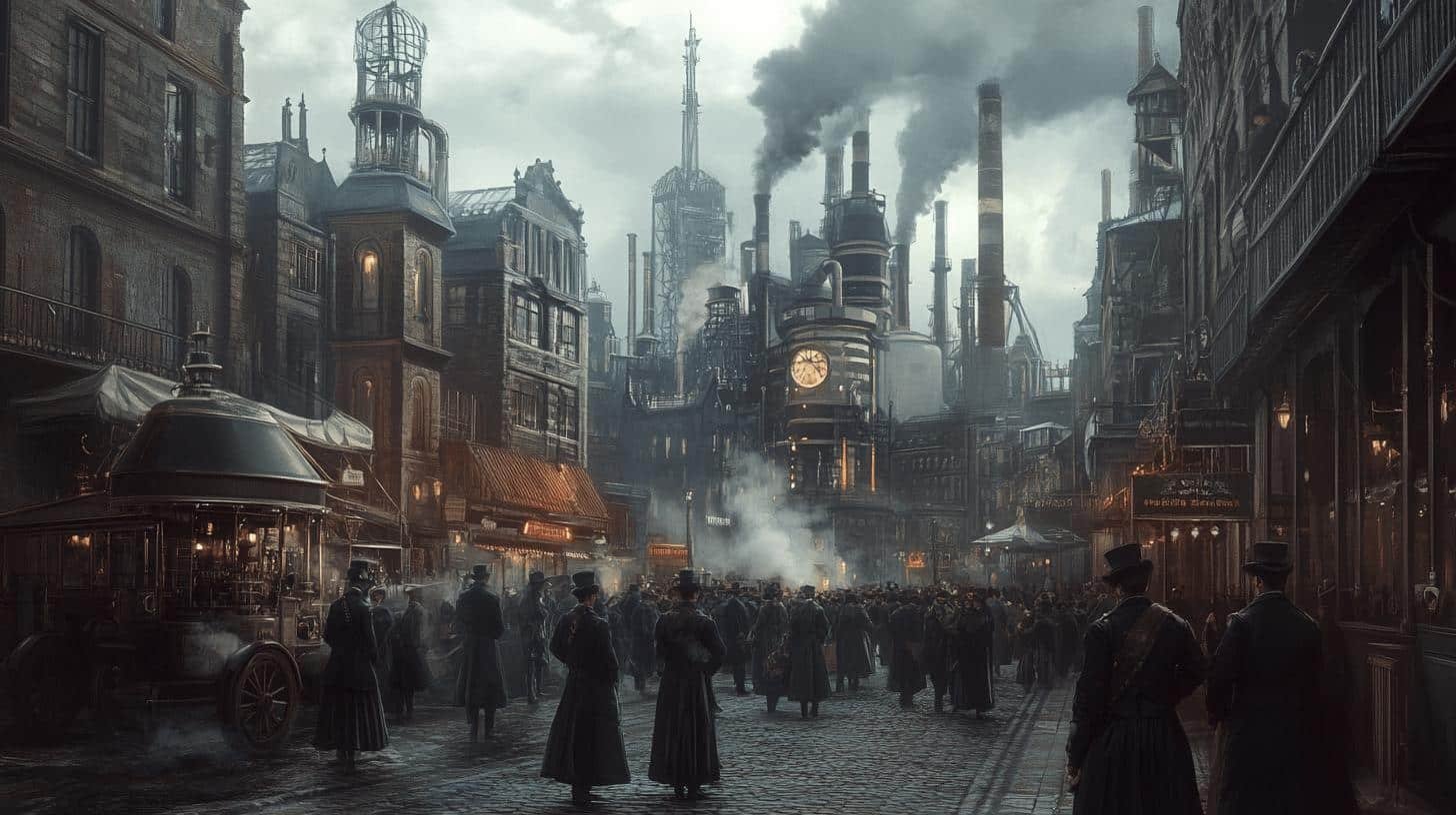 Victorian-era cityscape with industrial factories emitting smoke, bustling street scene reflecting the impact of industrial capitalism.
