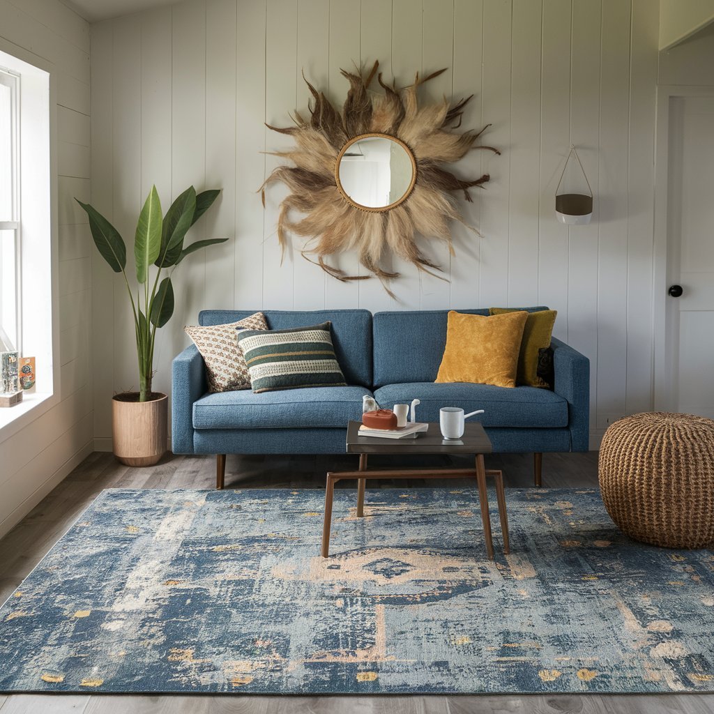A cozy living room with a blue sofa, a large decorative mirror, and a stylish coffee table on top of an American made rug with a distressed blue pattern.