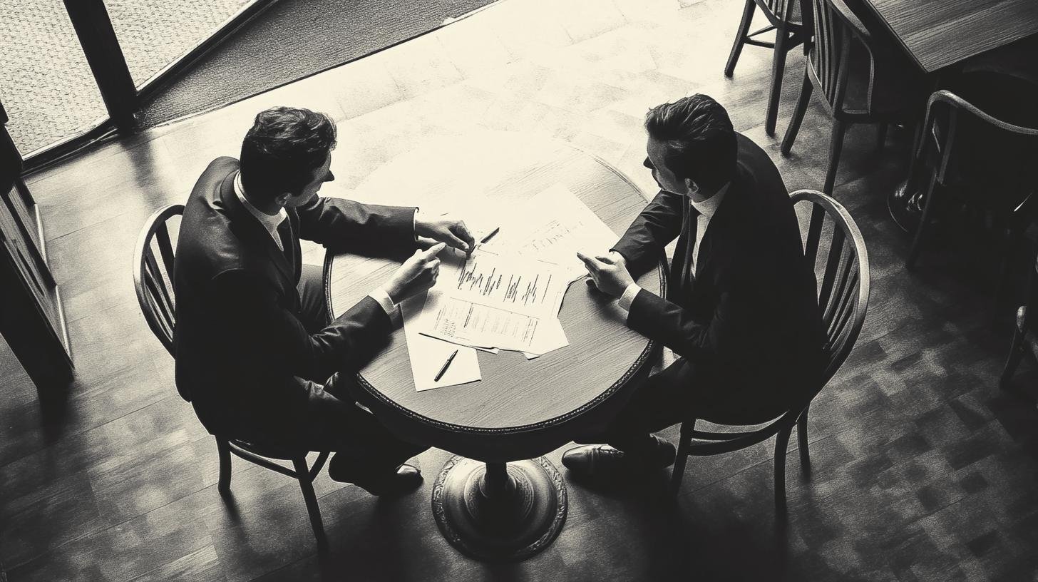 Two business professionals discussing documents, representing Laissez Faire Economics Capitalism.