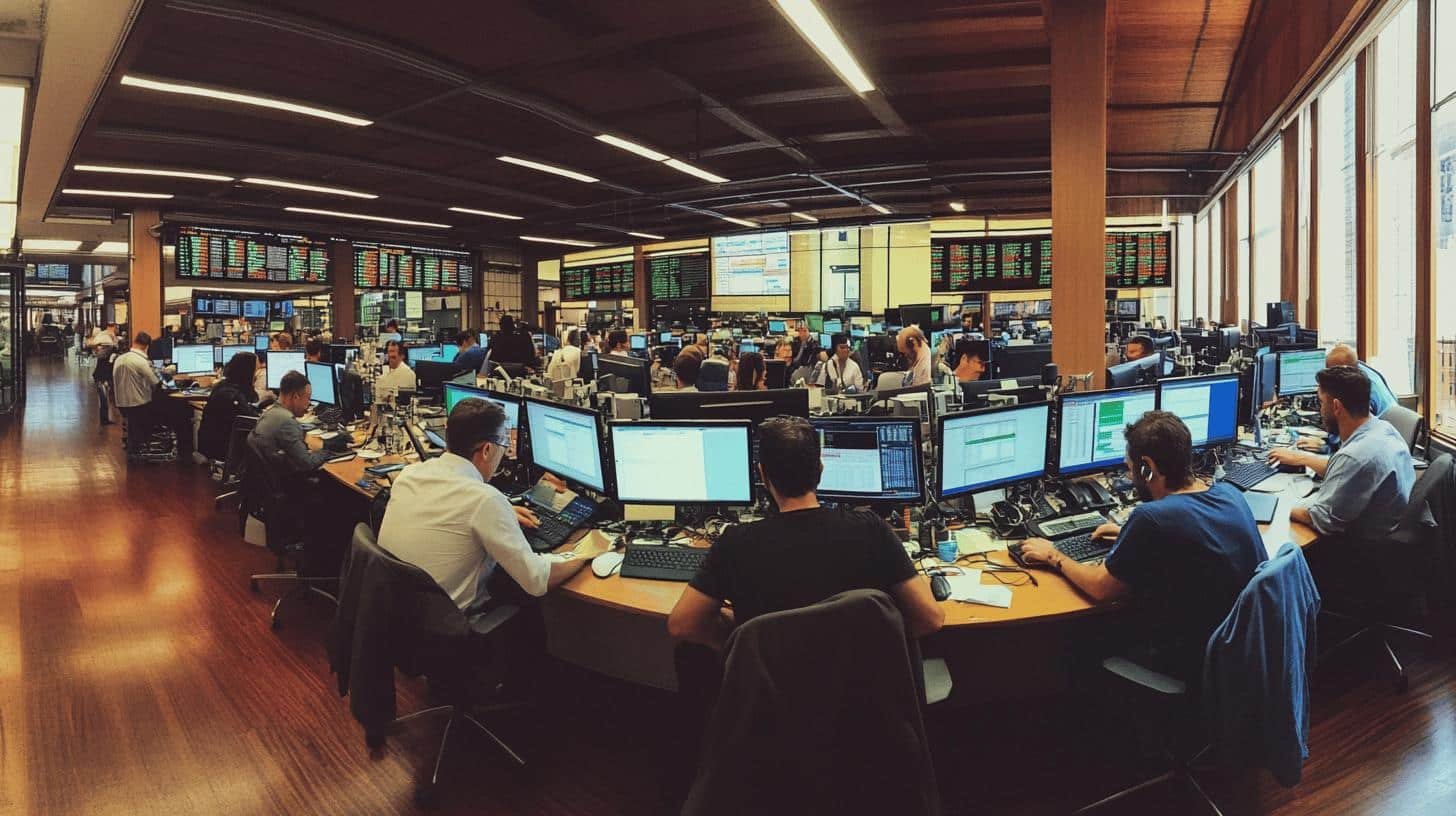 Trading floor with financial analysts working on computers, illustrating the impact of laissez-faire economics on market activities - Is Laissez-faire Economics Beneficial?