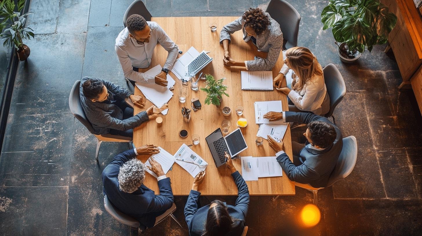 Challenges in Corporate Governance: diverse team collaborating around a boardroom table.