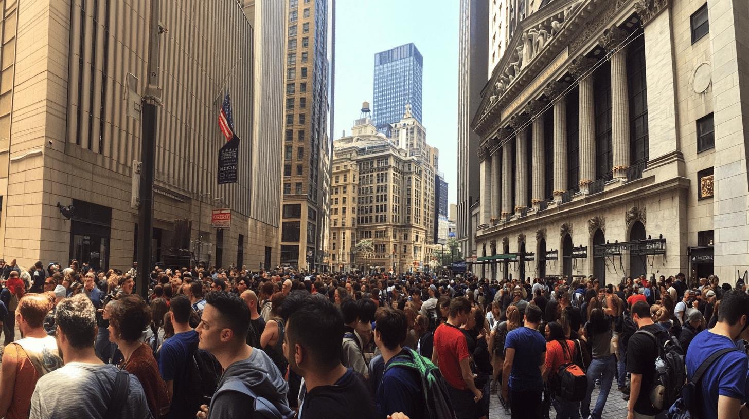 Large crowd gathered in a financial district, symbolizing urban economic activity relevant to 'Laissez-Faire Economics vs. Neoliberalism'