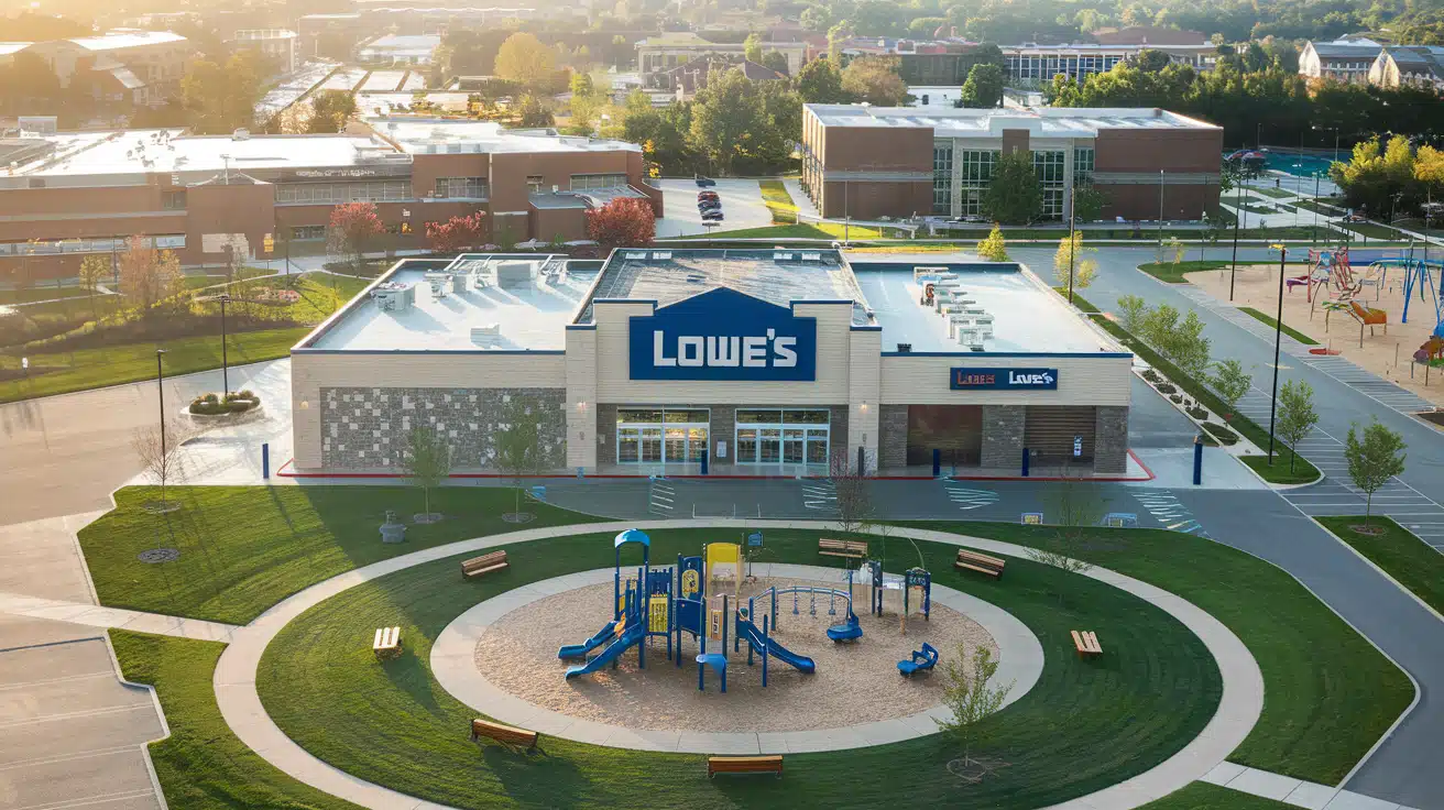 Lowes Giving Back to the Community: Lowe's store with playground and community space in the foreground.