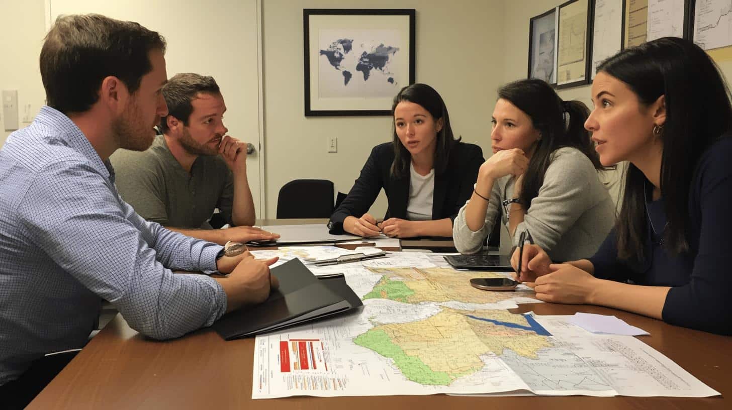 Team analyzing maps and documents to develop a market expansion strategy.