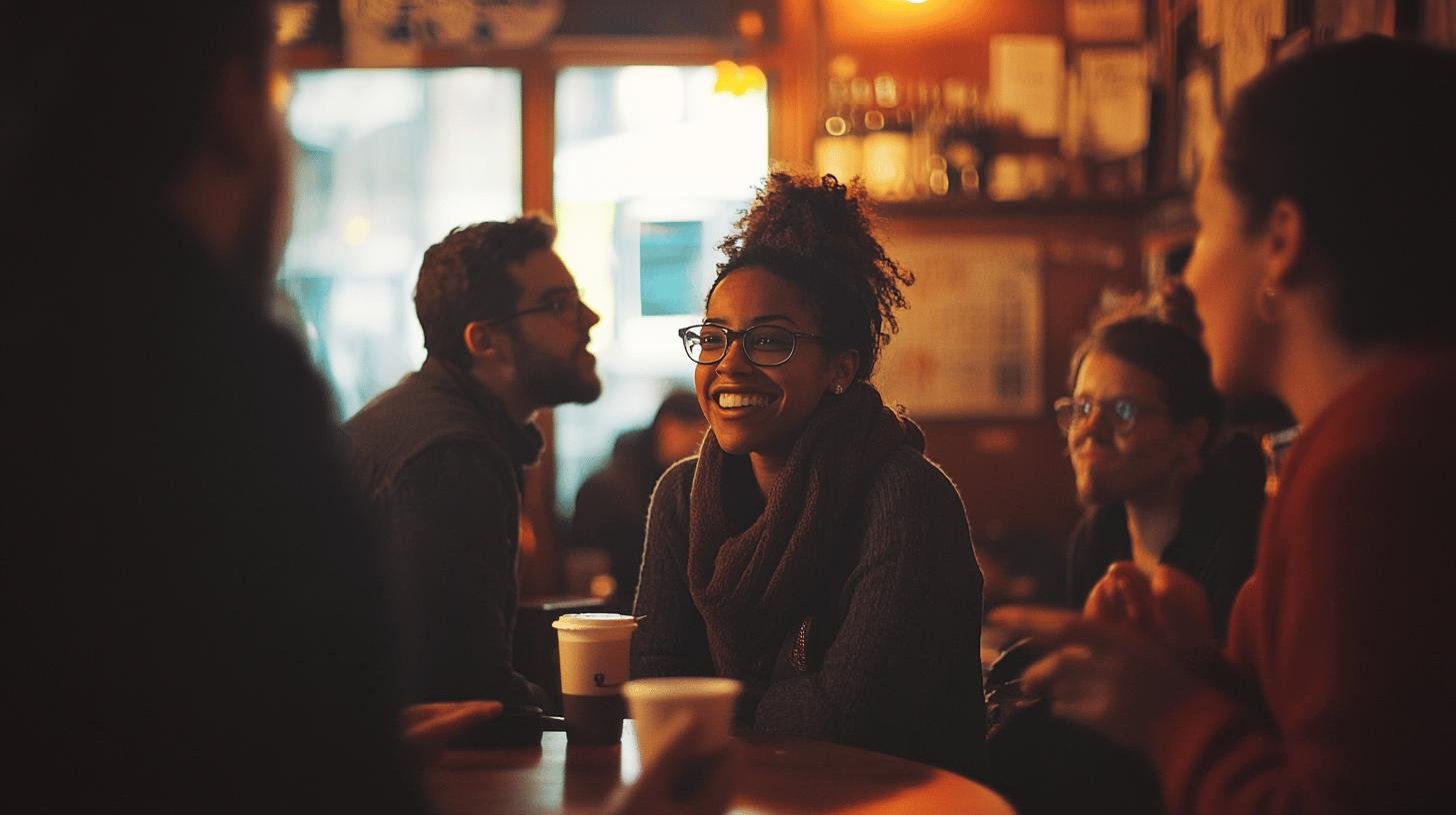 a woman sitting at a table with a group of people - media and freedom of speech
