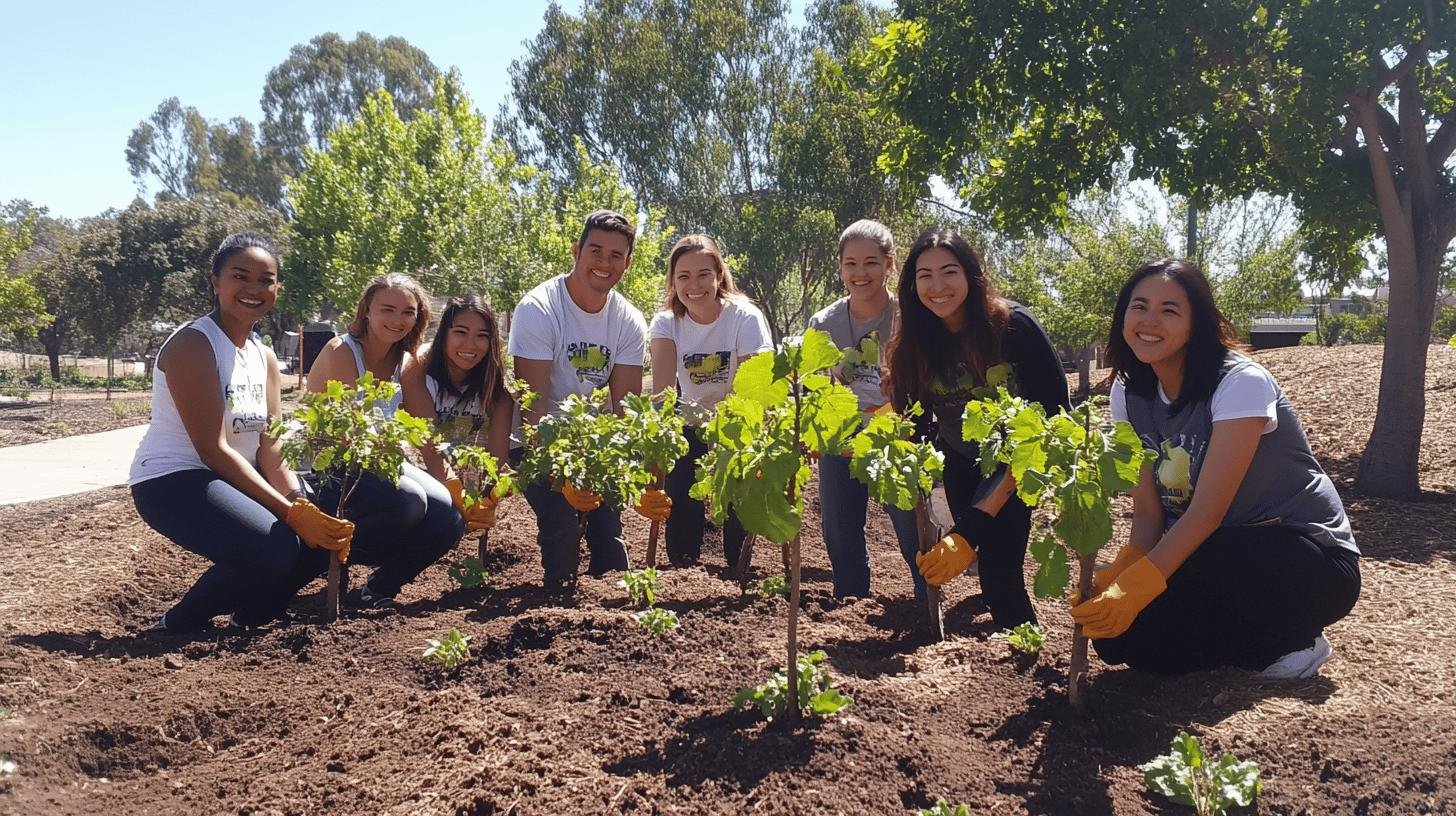 Group of volunteers planting trees, showcasing Nike giving back to the community.