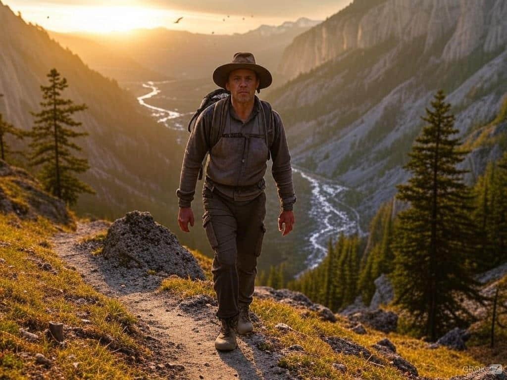a man walking on a trail with mountains and trees - non-woke outdoor brands