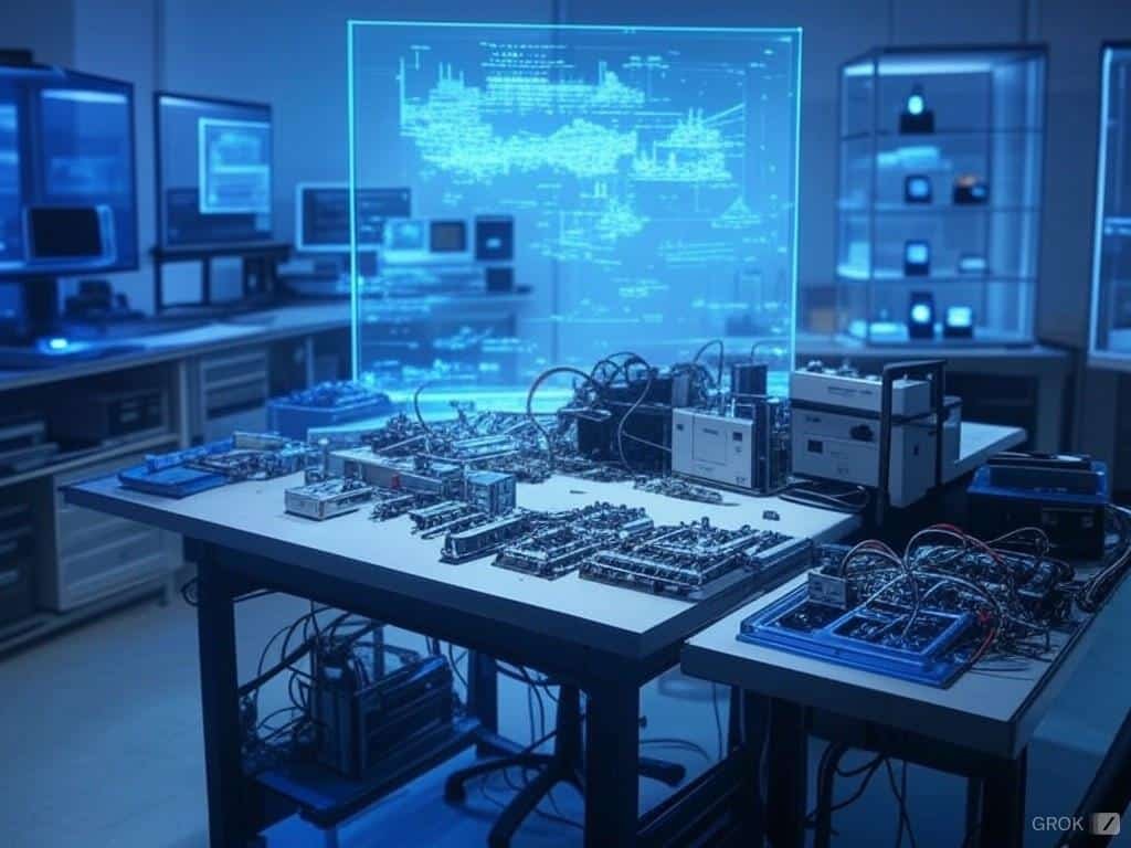 A dramatic office environment showcases advanced technology in action