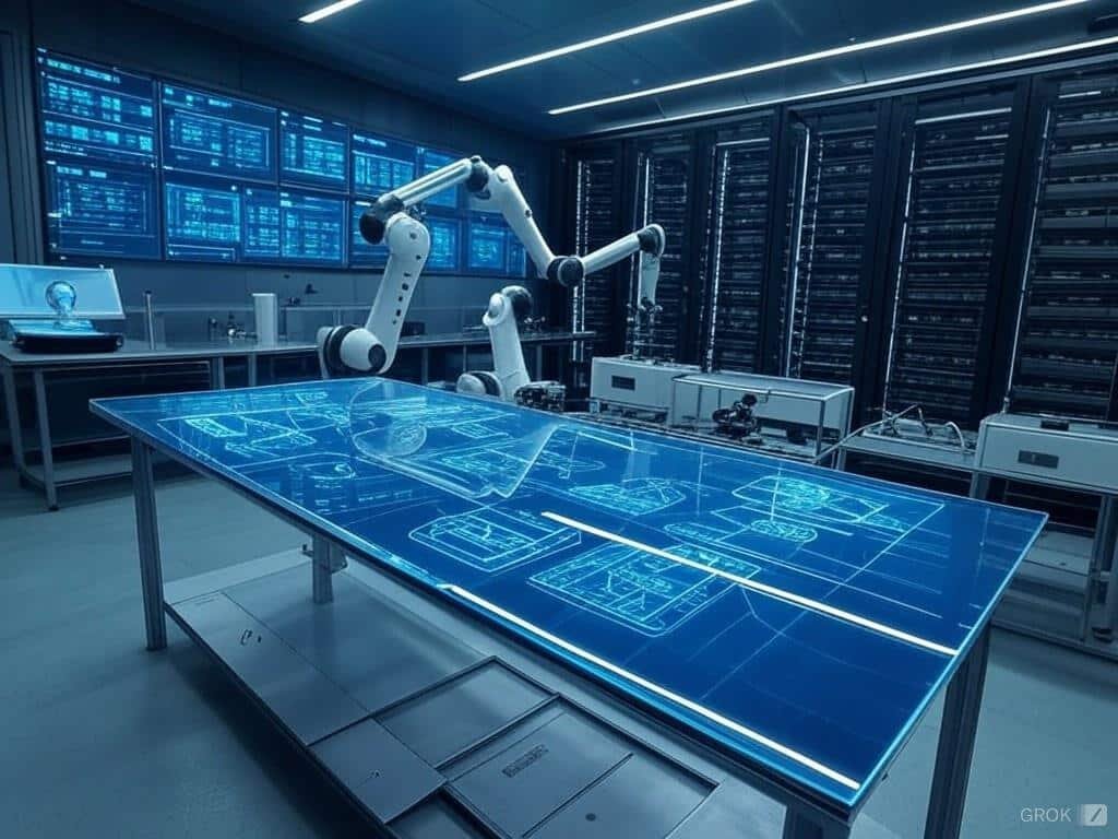A pristine engineering workspace features a central automated assembly line with robotic arms in motion