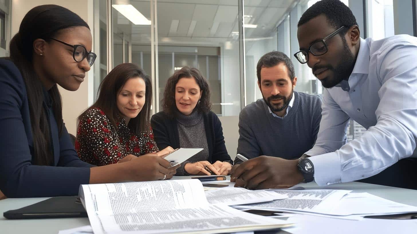 Business team collaborating on paperwork, addressing pitfalls of family business.