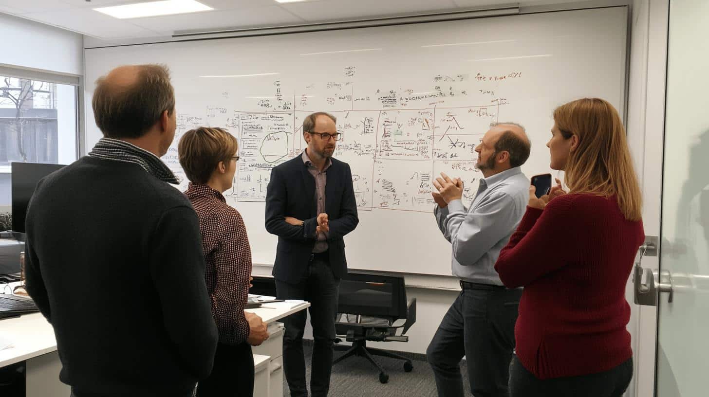 Team discussing strategies on a whiteboard for Product Market Expansion.