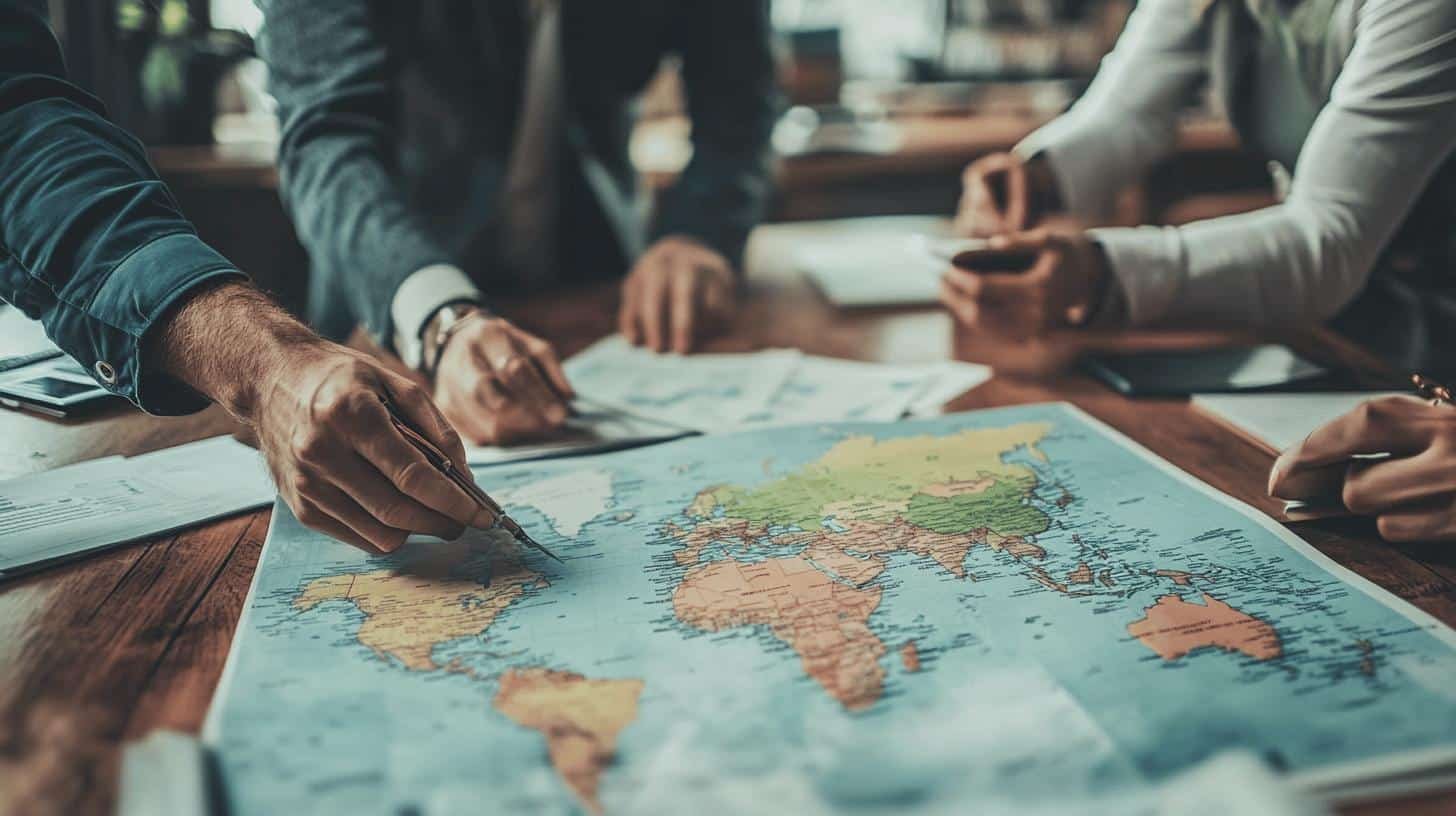 Hands pointing at a world map during a Product Market Expansion strategy meeting.