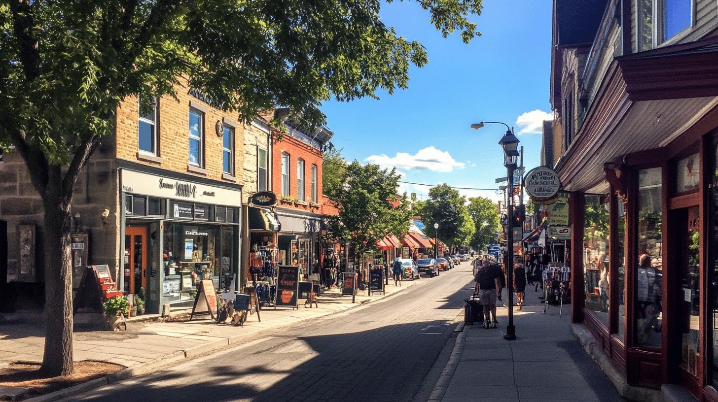 Street view of a vibrant town with small businesses showcasing storefronts, ideal for Small Business Collaboration Ideas.
