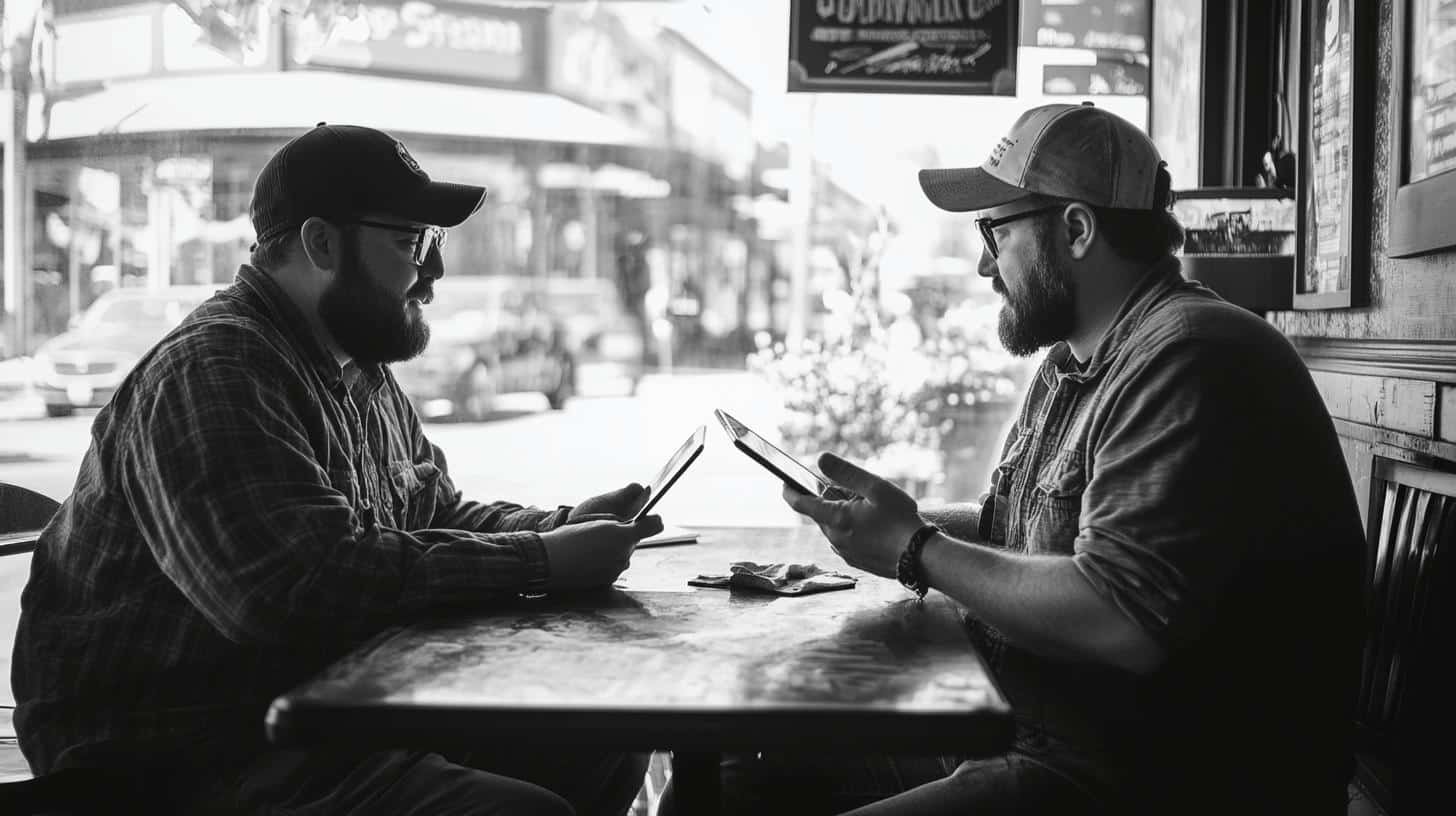 Two business partners collaborating with tablets in a cafe, discussing Small Business Collaboration Ideas.