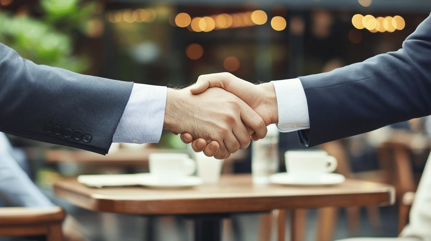Business partners shaking hands to seal a deal, representing Small Business Collaboration Ideas.