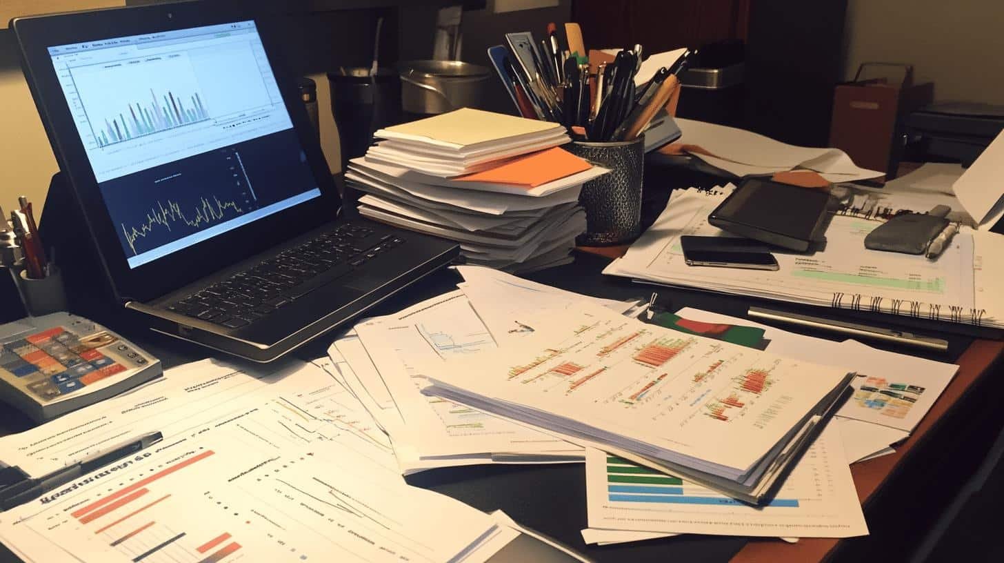 Workspace with financial charts and documents illustrating the stages of business development.