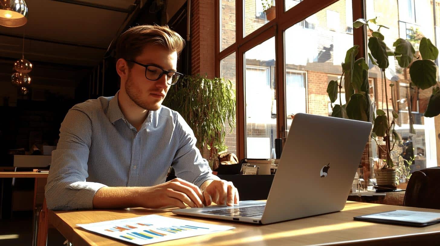 Man working on a laptop with charts, representing analysis and growth – Startup vs Small Business.
