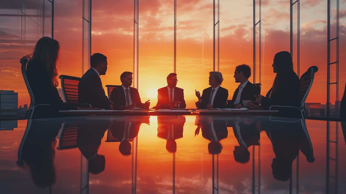 Silhouetted board of directors meeting during sunset, discussing Strategic Management and Corporate Governance.
