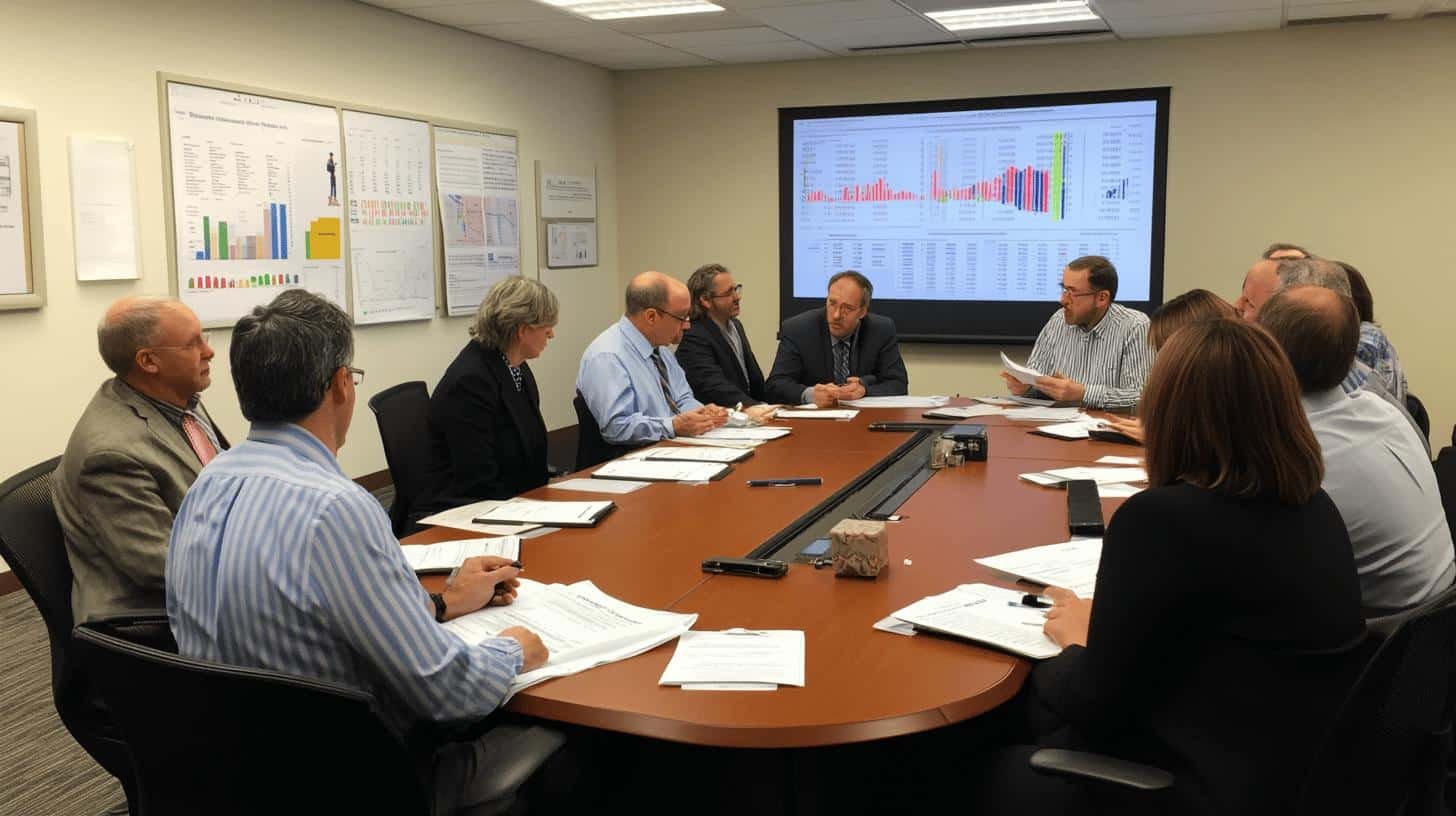 Business team discussing Risk Management Strategies in a meeting room with data charts displayed on a screen.