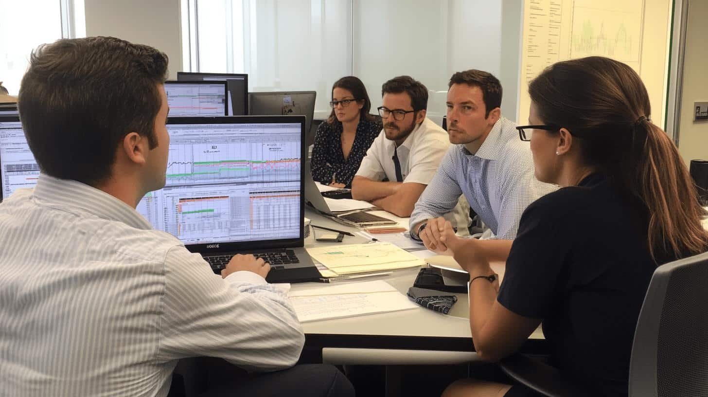 Team analyzing data on screens during a discussion on Risk Management Strategies.