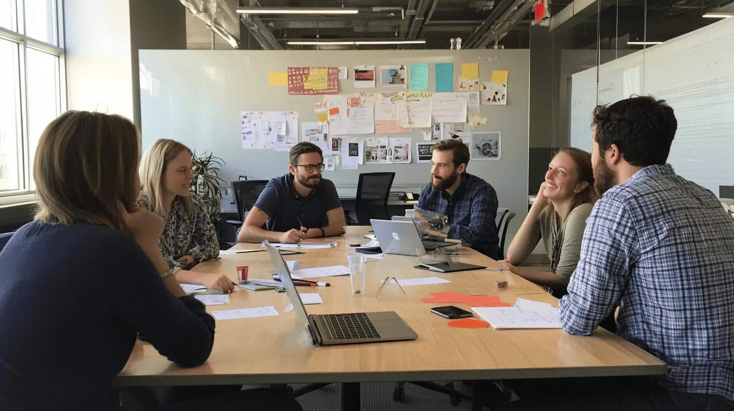 Tesla employees engaged in a collaborative meeting in a bright office, showcasing Tesla Corporate Values of teamwork and communication.