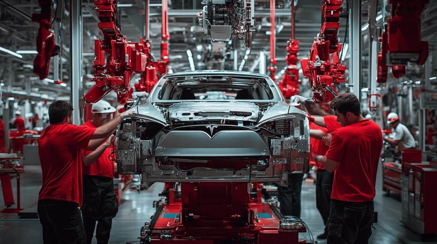 Tesla factory workers meticulously assembling a vehicle, reflecting Tesla Corporate Values of precision and excellence in engineering.