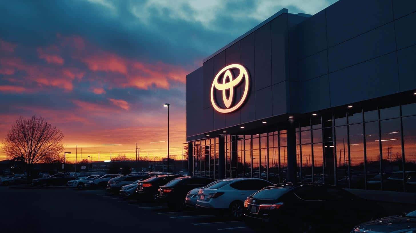 Toyota dealership building with logo illuminated at sunset, symbolizing Toyota's New Direction.
