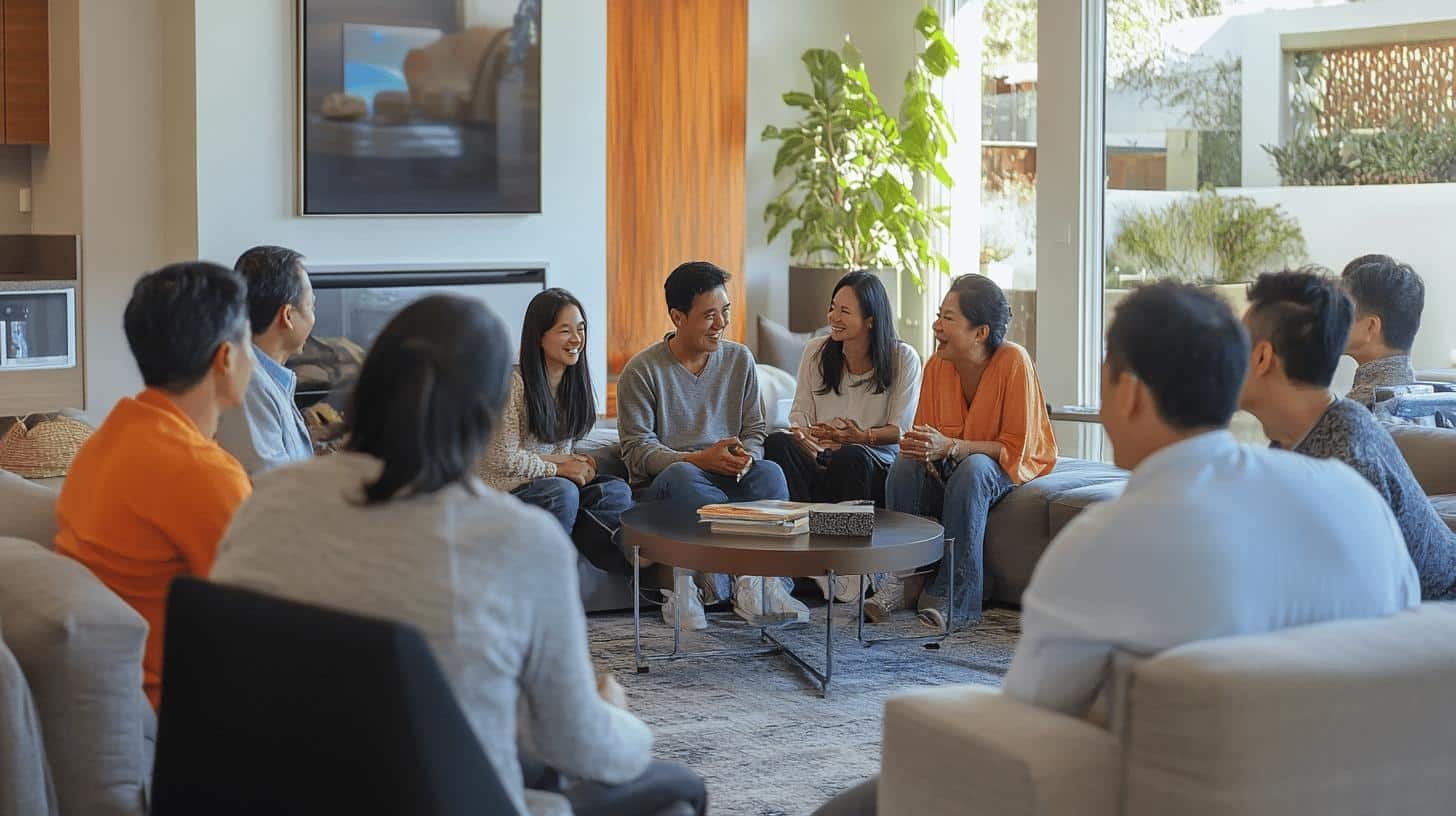 Family gathering in a living room, symbolizing strong traditional family values.