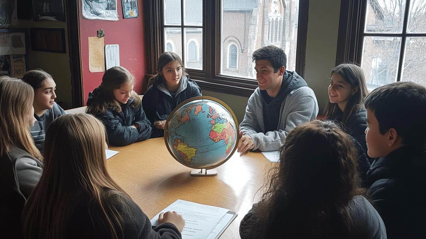 Children and teacher gathered around a globe, representing education in supporting traditional family values.