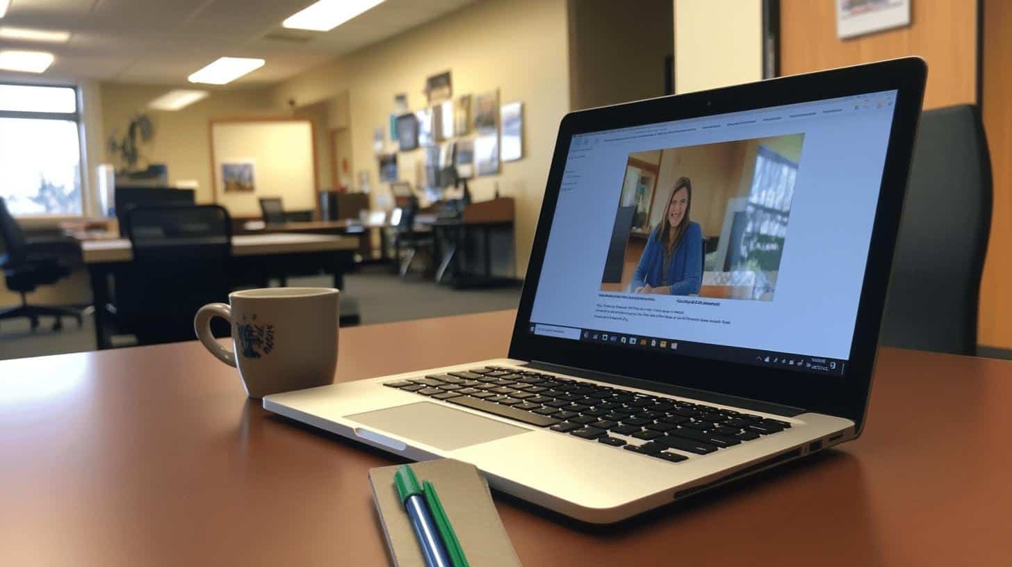 Laptop displaying a corporate governance training resource in an office setting.