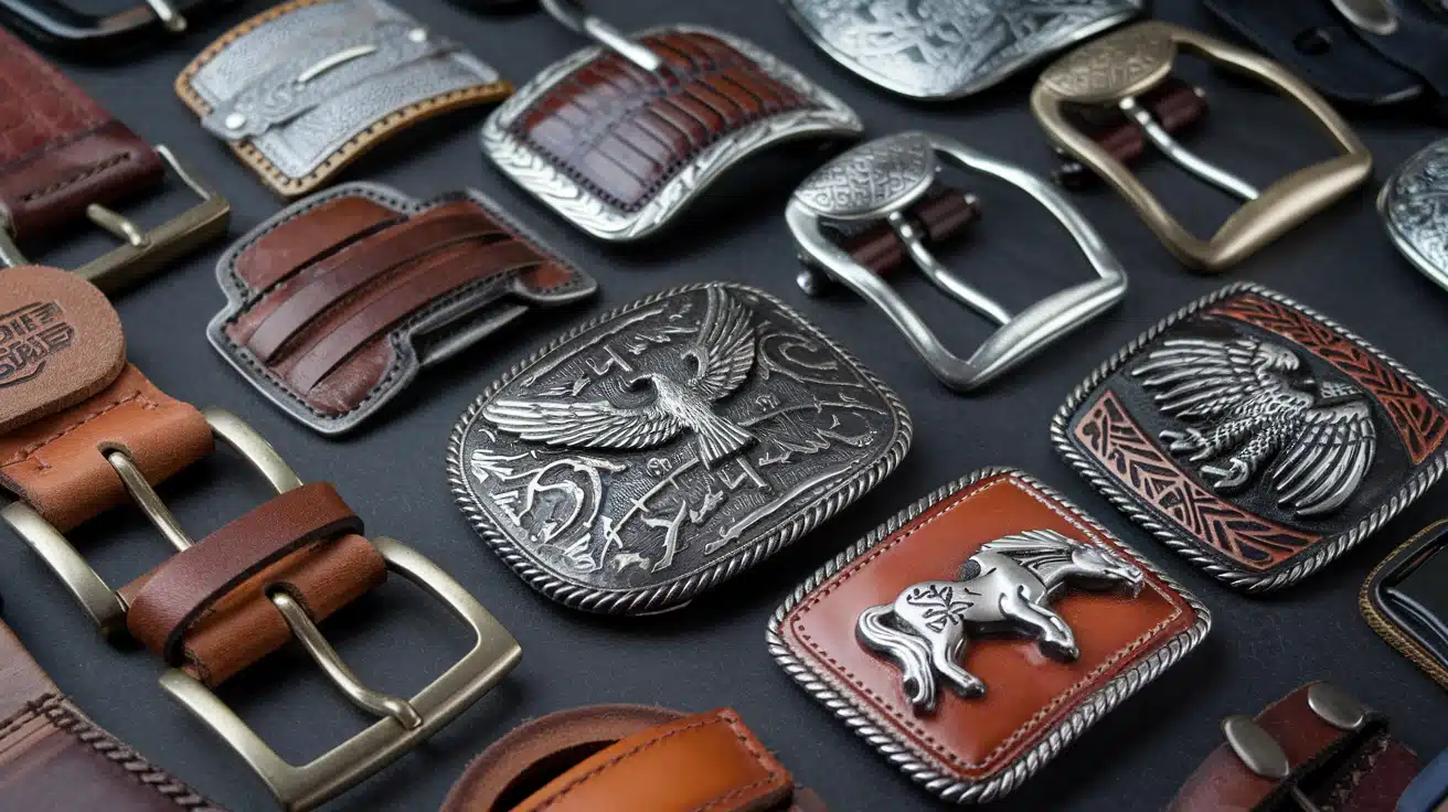 A variety of belt buckles for men, featuring detailed designs.