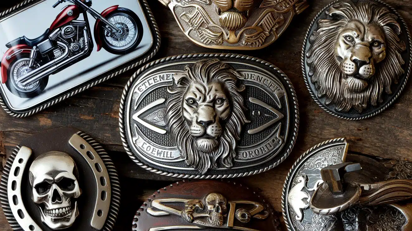 A collection of intricately designed belt buckles for men.
