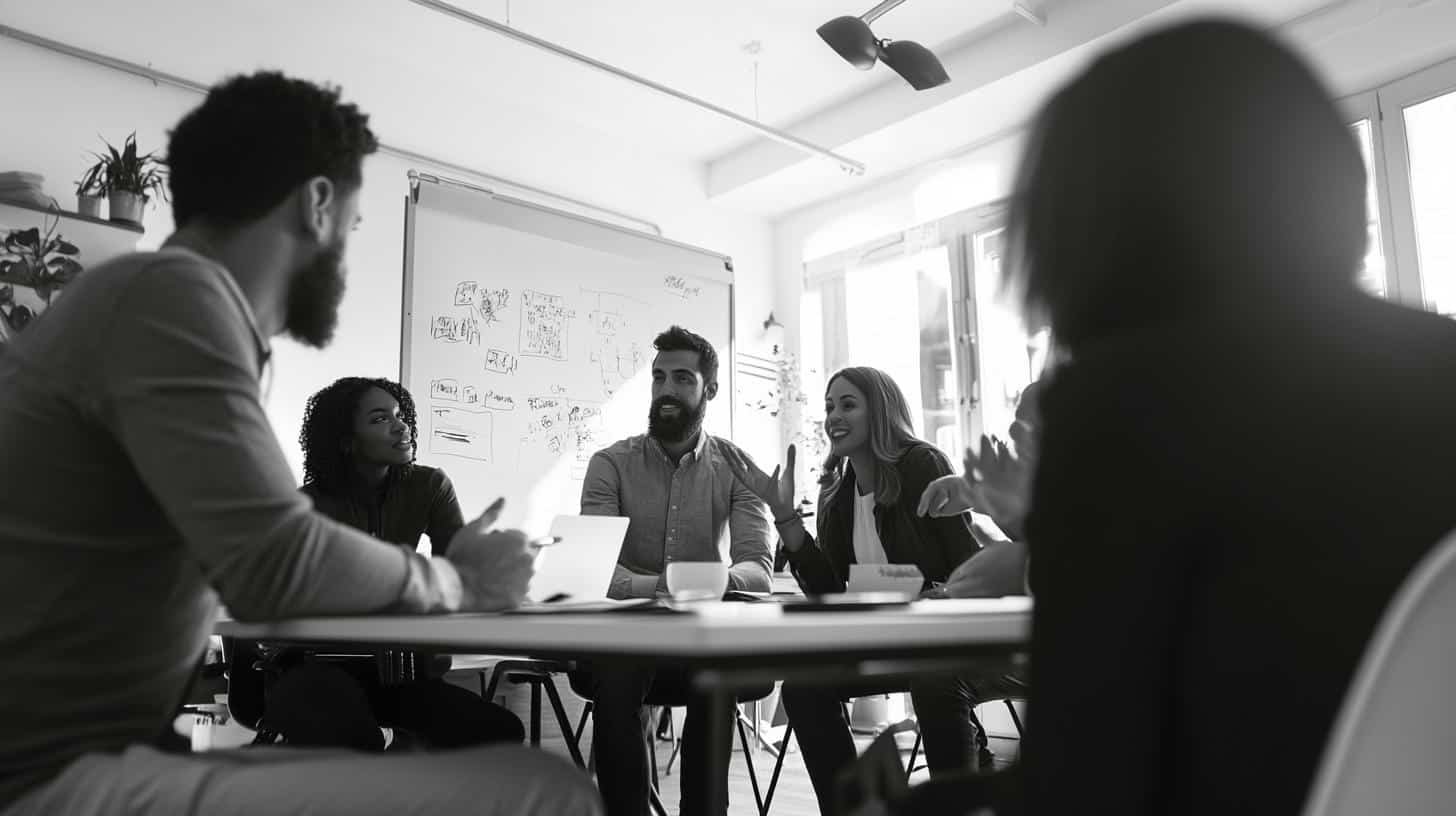A diverse team engaging in a corporate meeting, discussing corporate values in a well-lit office space.
