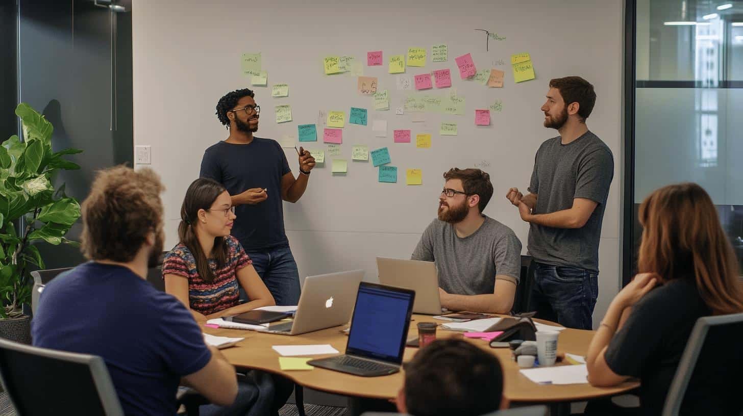 A team brainstorming corporate values with sticky notes on a wall in a modern office environment.