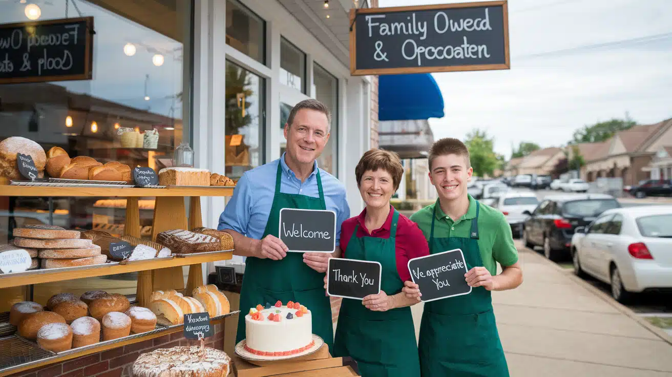 A family standing outside a bakery, highlighting the dynamics of family business with signs saying Welcome, Thank You, and We Appreciate You.
