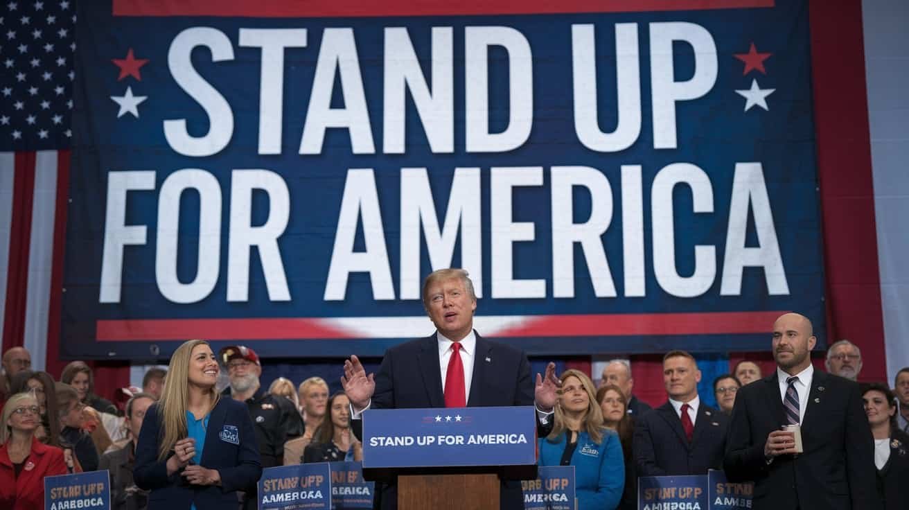 Donald Trump addressing crowd under 'Stand Up for America' banner at an event discussing woke issues.