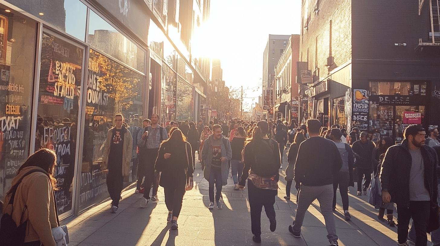 A busy city street with pedestrians, representing societal shifts in the context of Woke Capitalism.