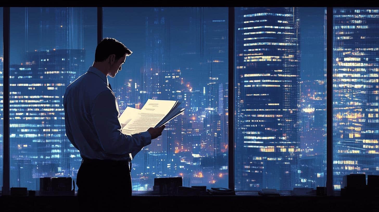Corporate professional reviewing documents at night, symbolizing whistleblowing in corporate governance.