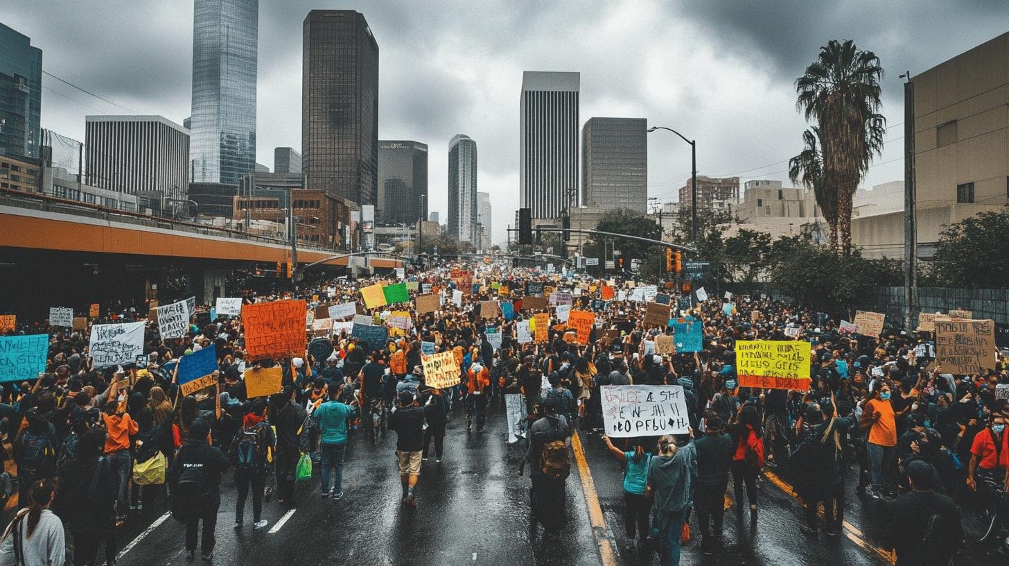 Large protest in a city with people holding signs, representing public reaction to woke government policies.