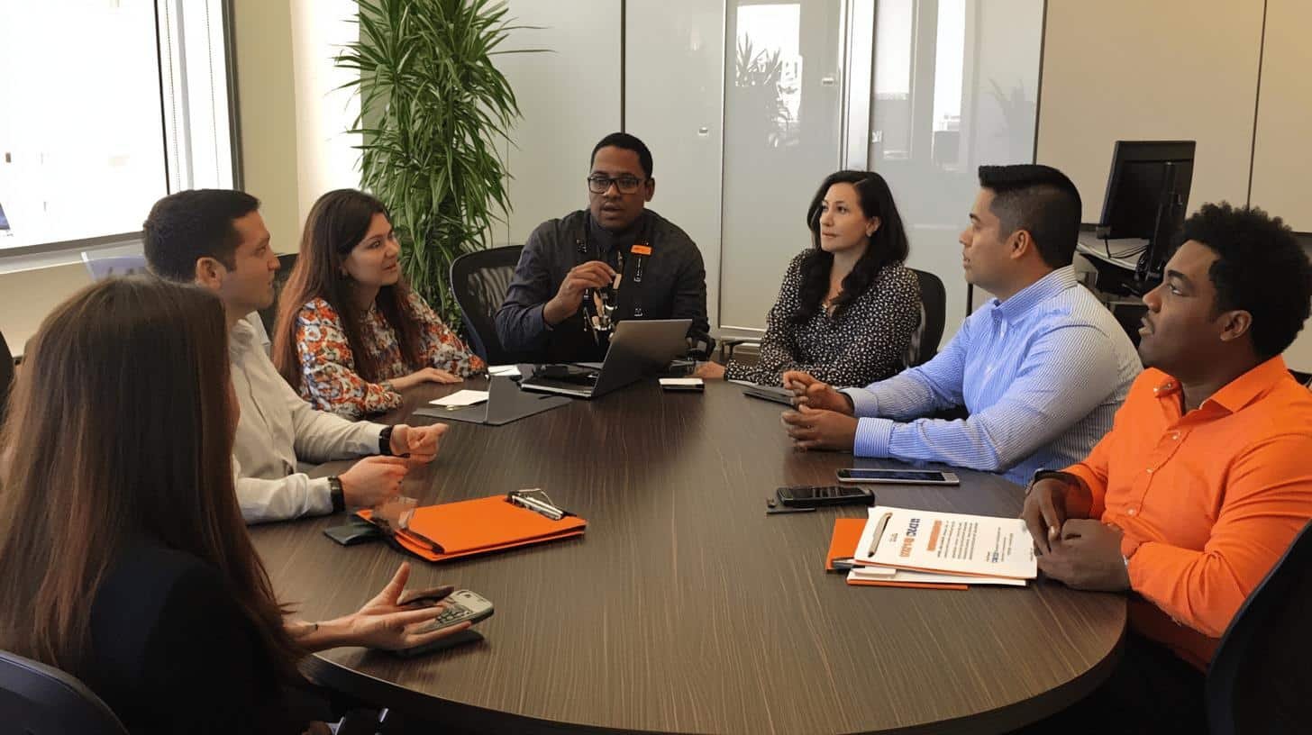 a group of people sitting around a round table - Work life balance and mental health