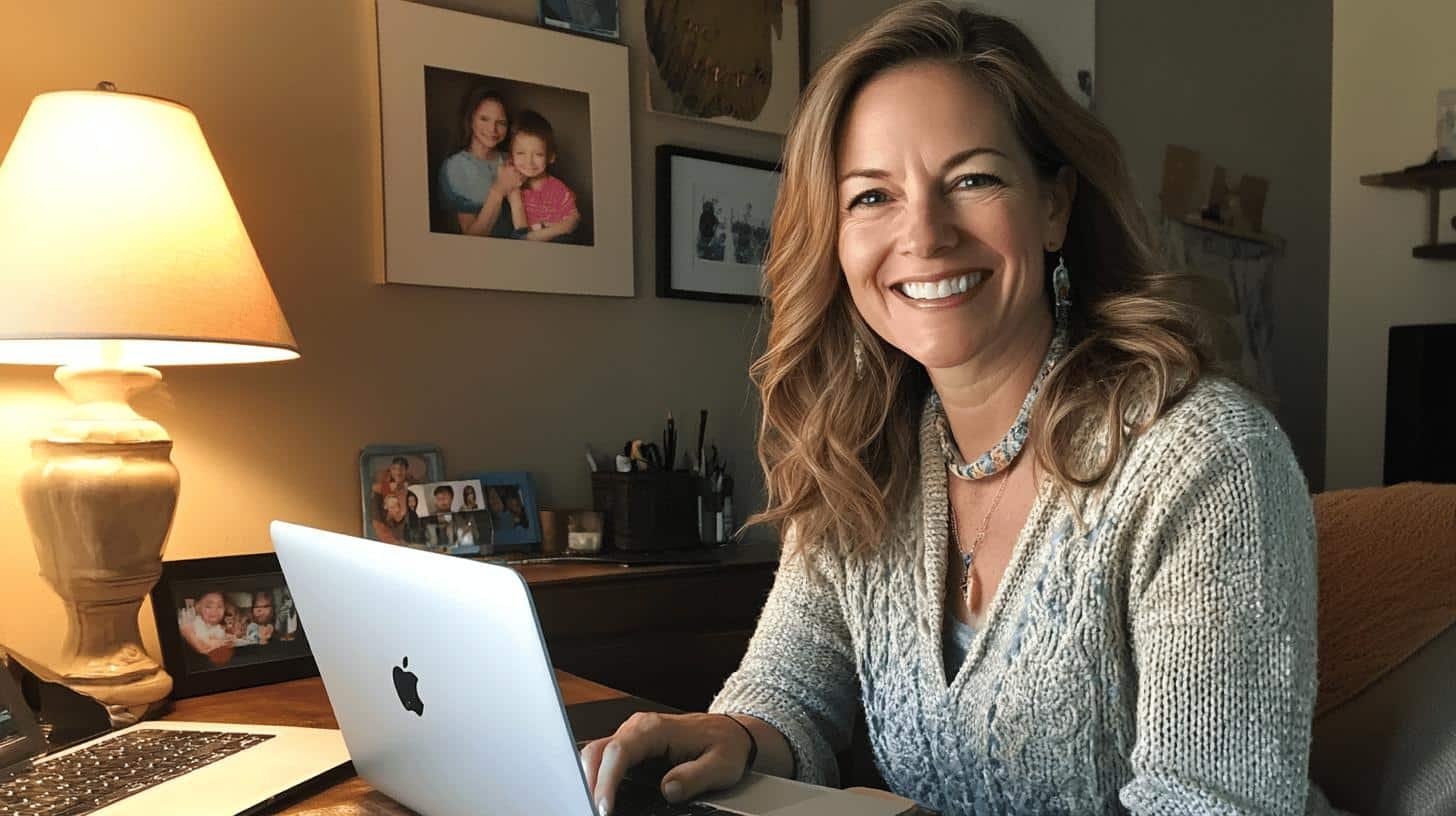a woman smiling at the camera while on laptop - Work life balance best practices